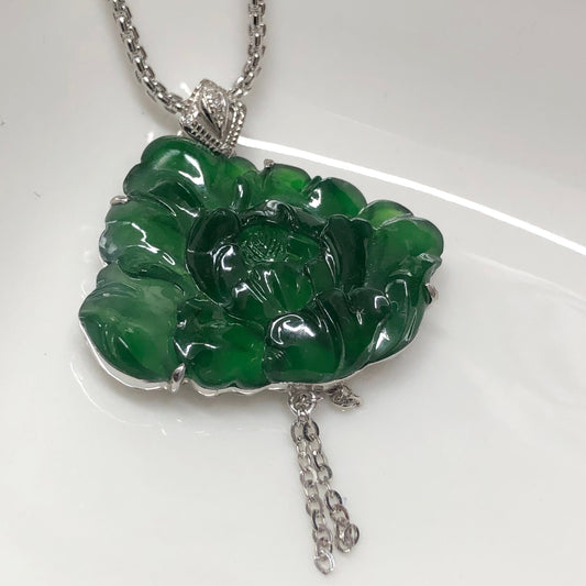 Certified Myanmar Grade A Jadeite Icy Green Jade Lotus Flower Pendant