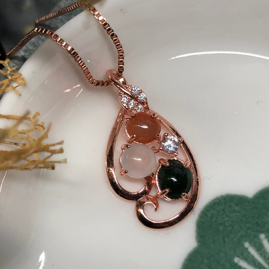 Myanmar Grade A Jadeite Jade Reverse Heart Pendant 925 Rose Gold Necklace