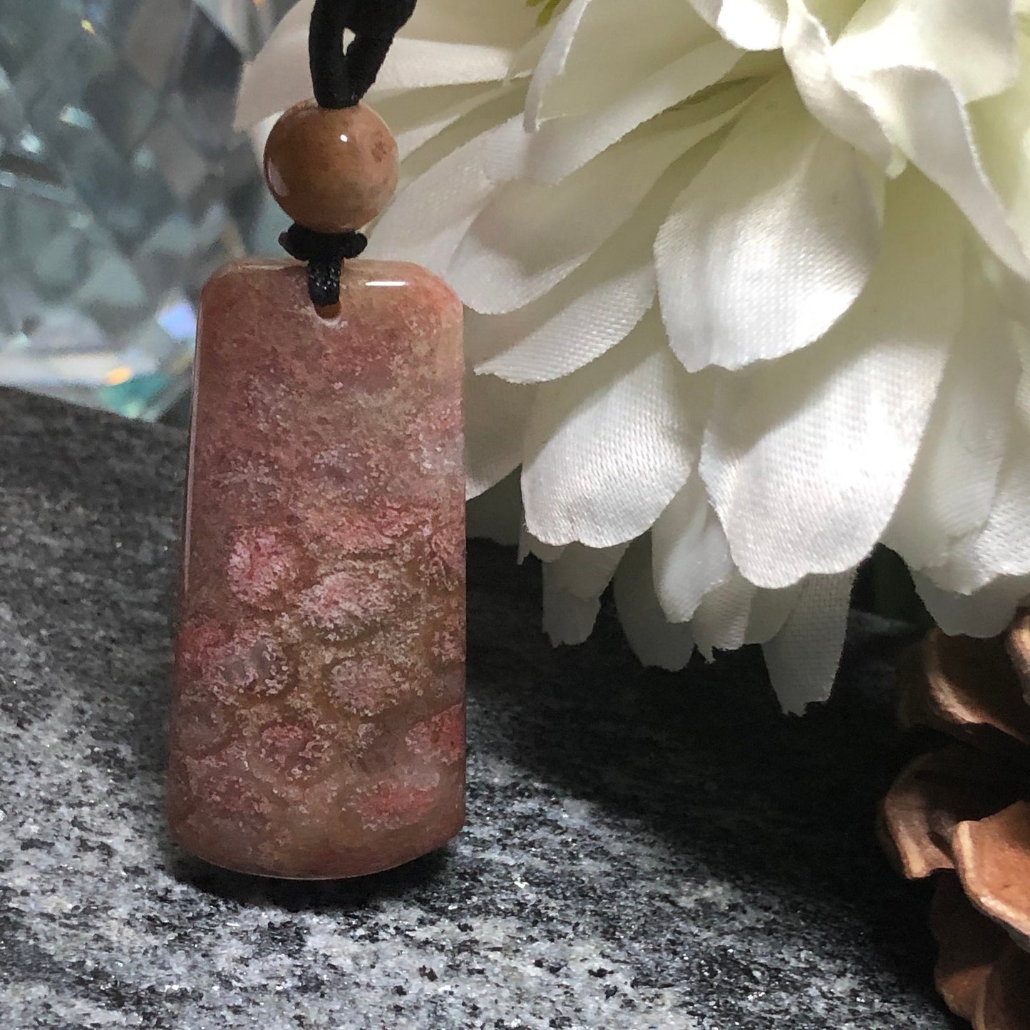 NEW Floral Brown Red Fossil Coral Pendant with Neck Rope Tie FC701 RARE Last One!!