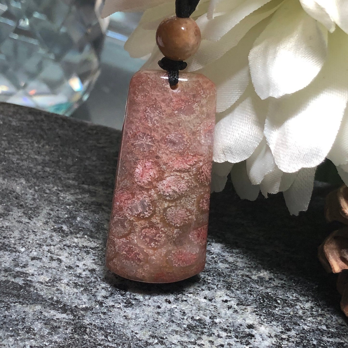 NEW Floral Brown Red Fossil Coral Pendant with Neck Rope Tie FC701 RARE Last One!!