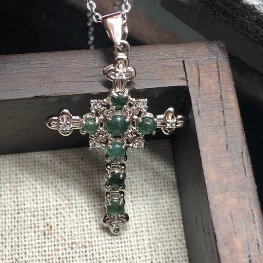 Myanmar Grade A Jadeite Jade Vintage Gothic Green Cross Pendant 925 Silver Necklace