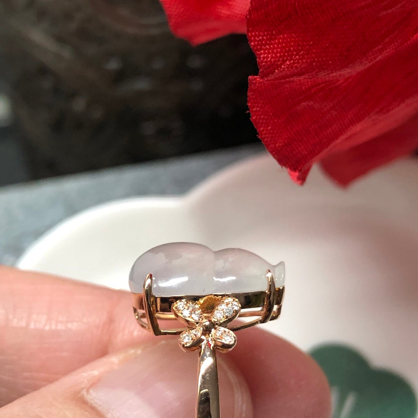 Certified Grade A Jadeite Jade Icy Gourd Ring set in 18K Yellow Gold