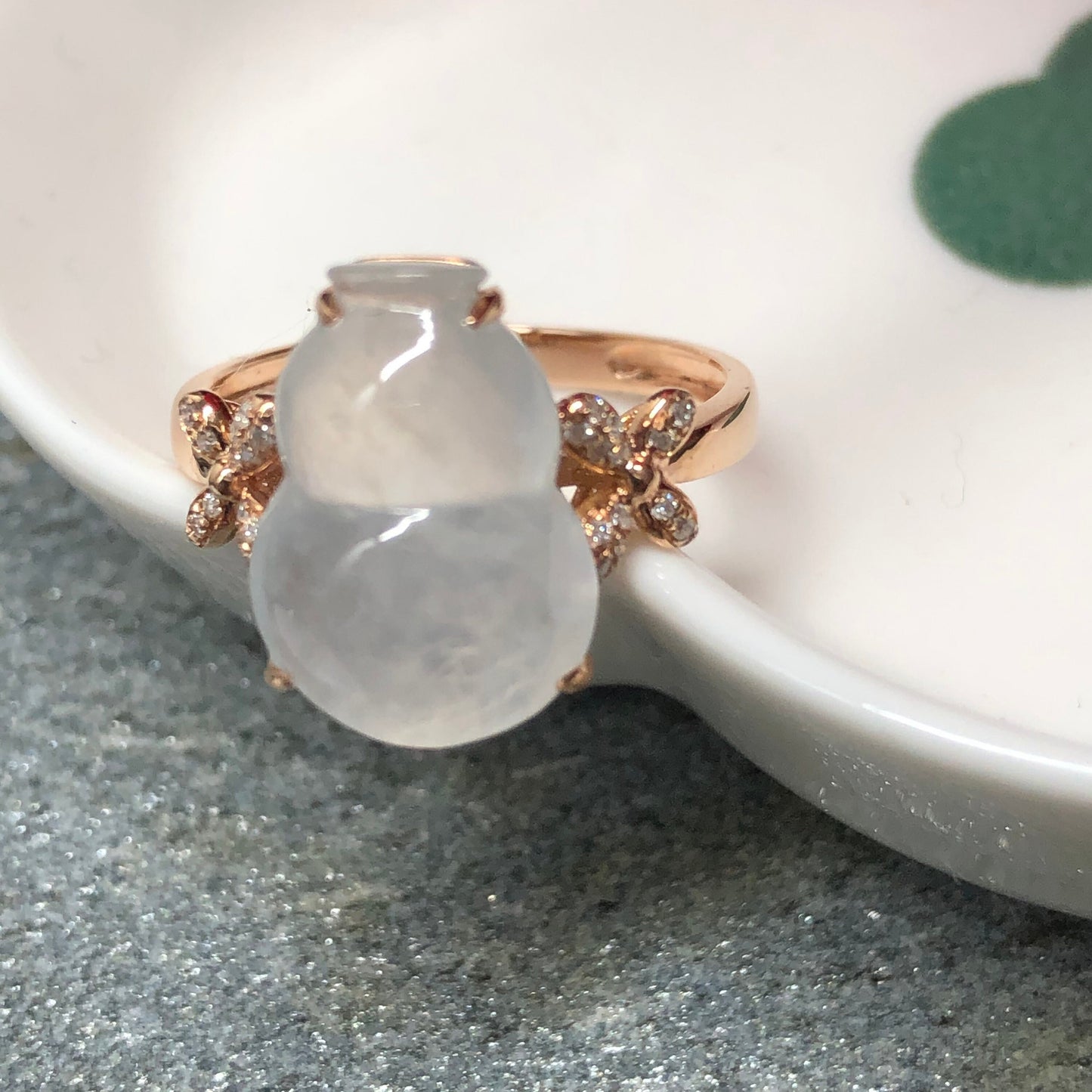 Certified Grade A Jadeite Jade Icy Gourd Ring set in 18K Yellow Gold