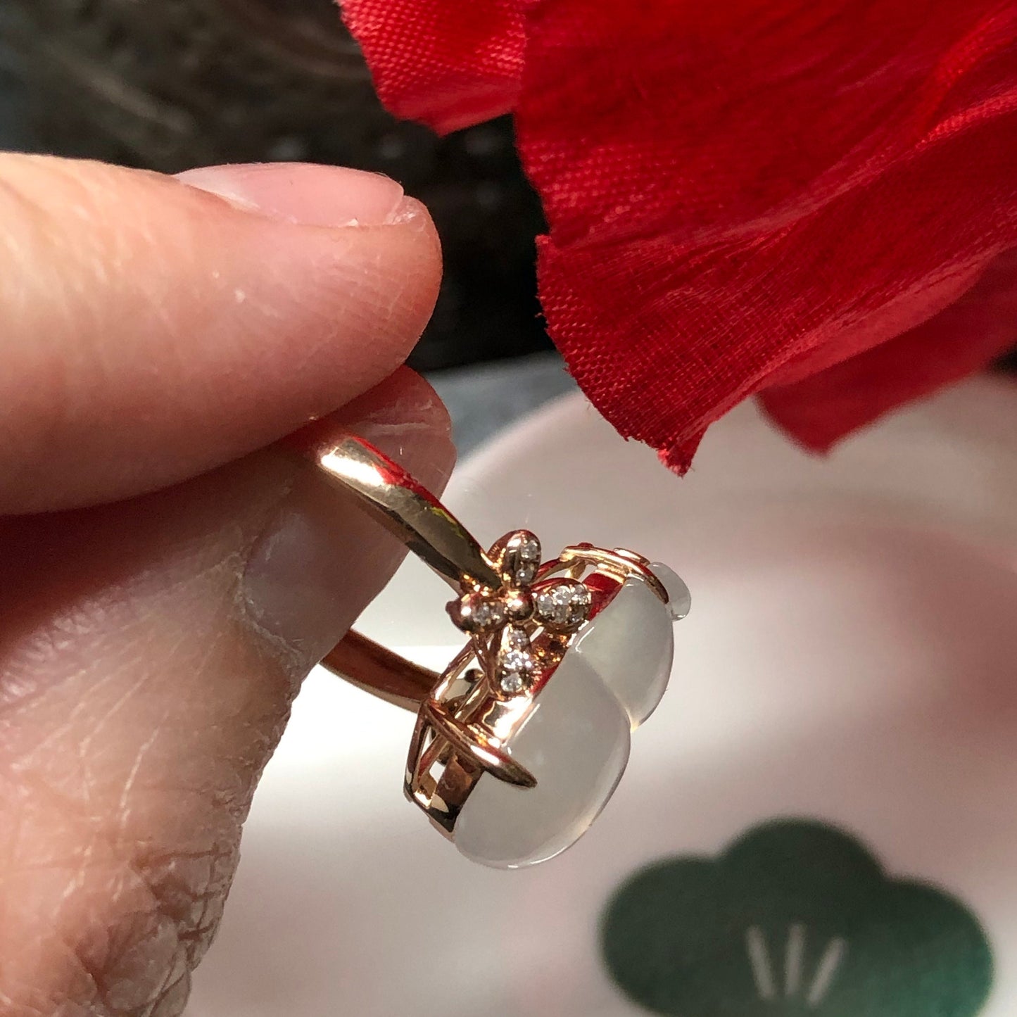 Certified Grade A Jadeite Jade Icy Gourd Ring set in 18K Yellow Gold