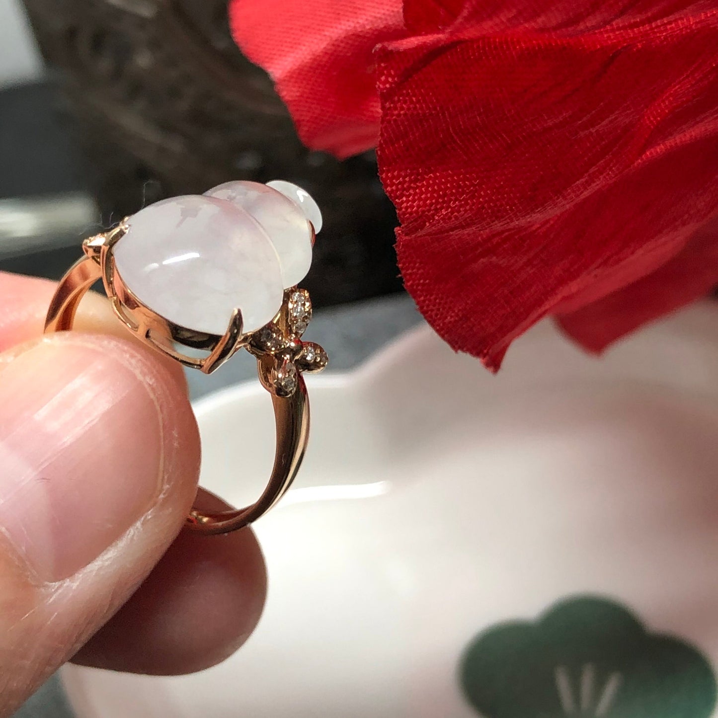 Certified Grade A Jadeite Jade Icy Gourd Ring set in 18K Yellow Gold