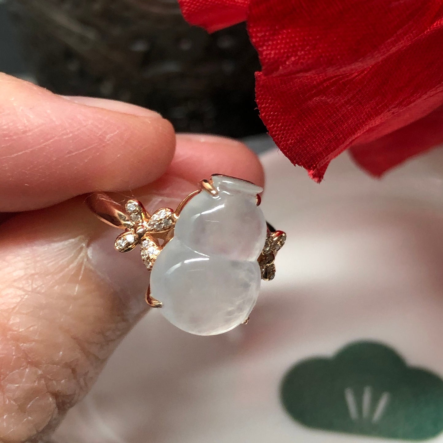 Certified Grade A Jadeite Jade Icy Gourd Ring set in 18K Yellow Gold