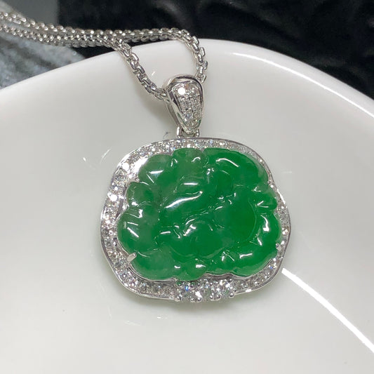 Certified Myanmar Grade A Jadeite Icy Yang Green Jade Floral Pendant