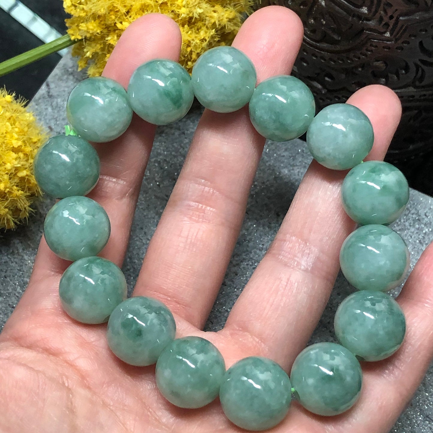 Certified Myanmar Grade A Green Jade Jadeite Bracelet 14mm 15 bead bracelet