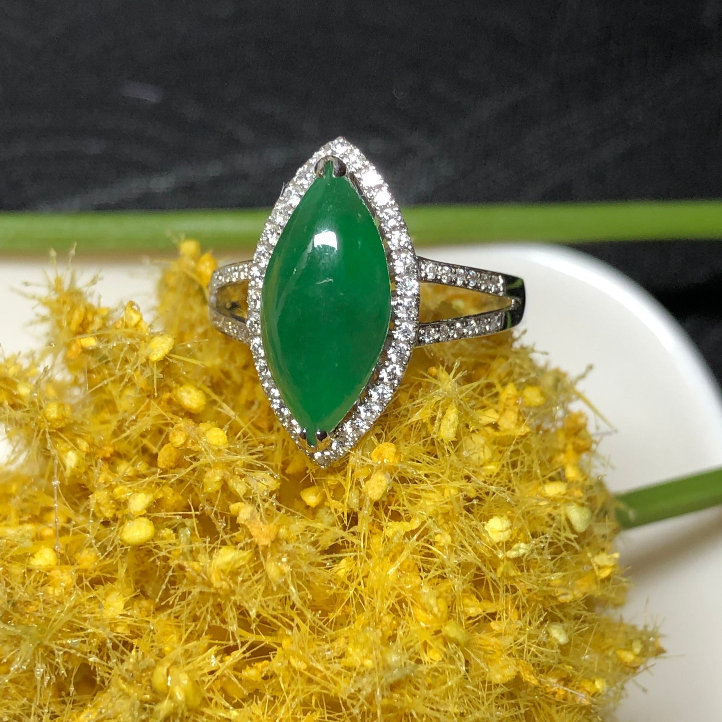 Certified Myanmar Jadeite Jade Yang Green Cats Eye 18K White Gold Diamond Ring
