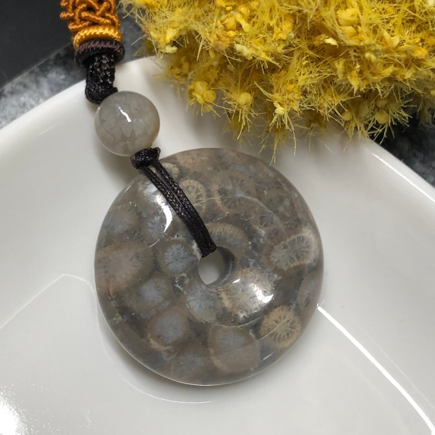 NEW Yellow Brown Fossil Coral Pendant with Neck Rope Tie FC601 RARE Last One!!