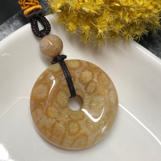 NEW Yellow Brown Fossil Coral Pendant with Neck Rope Tie FC603 RARE Last One!!