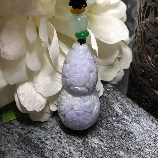 Certified Myanmar Grade A  RARE Carved Lavender Green Jadeite Jade Gourd Pendant