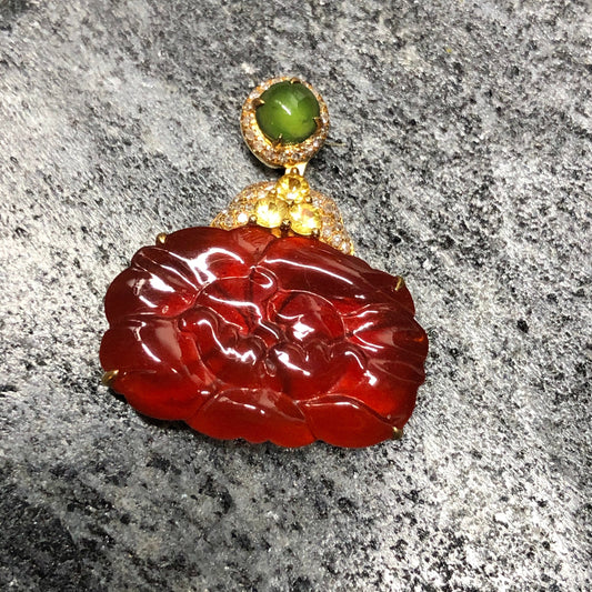 Certified Myanmar Grade A  Red Brown Lotus Flower Jadeite Jade Pendant LAST ONE