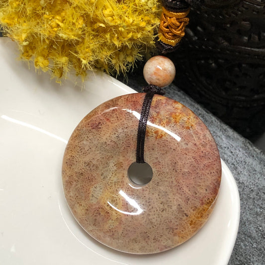 NEW Red Yellow Fossil Coral Pendant with Neck Rope Tie FC608 RARE Last One!!