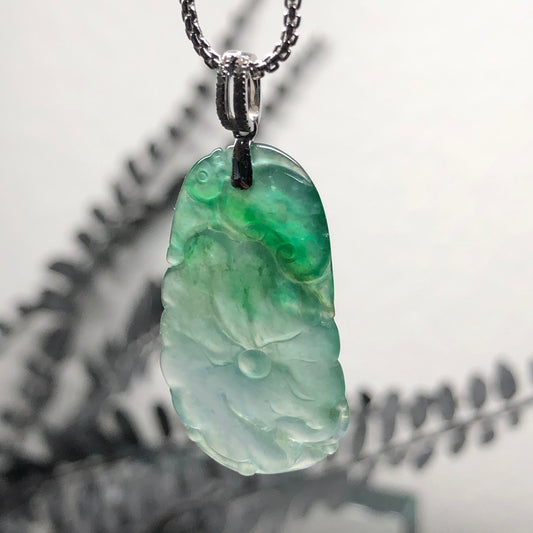 Myanmar Grade A Jadeite Jade Icy Lotus Flower Yang Green Pendant 18K
