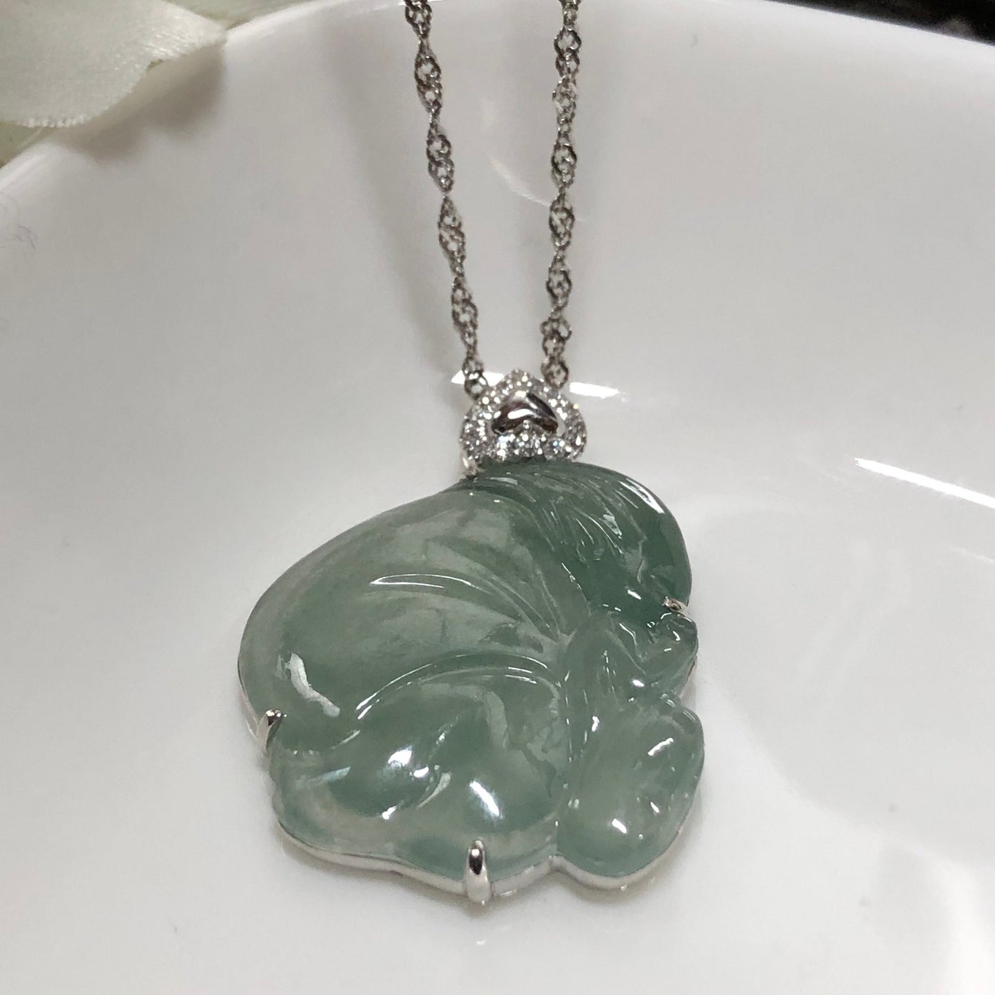 SALE: Grade A Icy Sky Blue Jadeite Jade Fairy Wings Pendant 18K White Gold