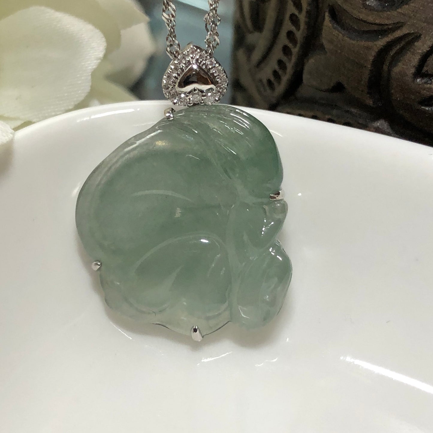 SALE: Grade A Icy Sky Blue Jadeite Jade Fairy Wings Pendant 18K White Gold