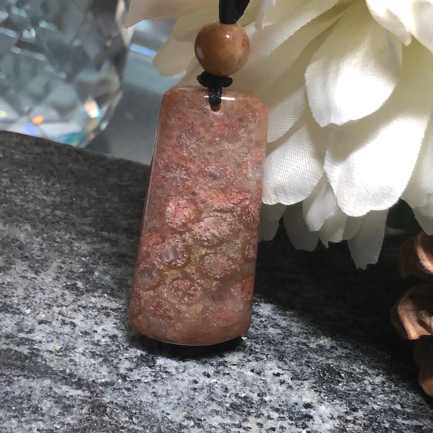 NEW Floral Brown Red Fossil Coral Pendant with Neck Rope Tie FC701 RARE Last One!!