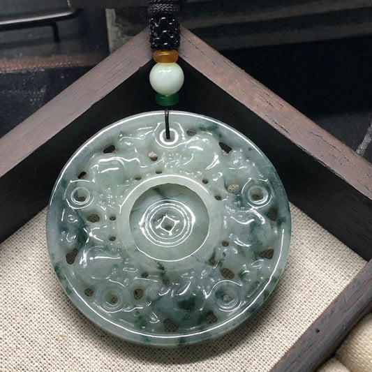 Grade A  Floating Flowers Green Carved Jadeite Jade Rats Animal Pendant Medallion