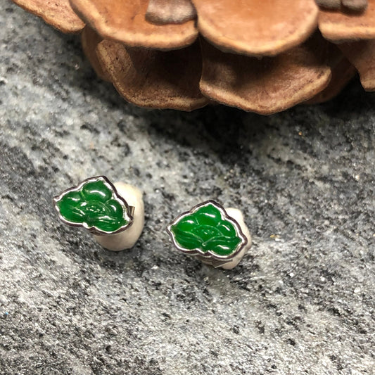 Certified Grade A Emerald Green Jadeite Jade Carved Lotus Flower shaped earrings set on 18K White Gold.
