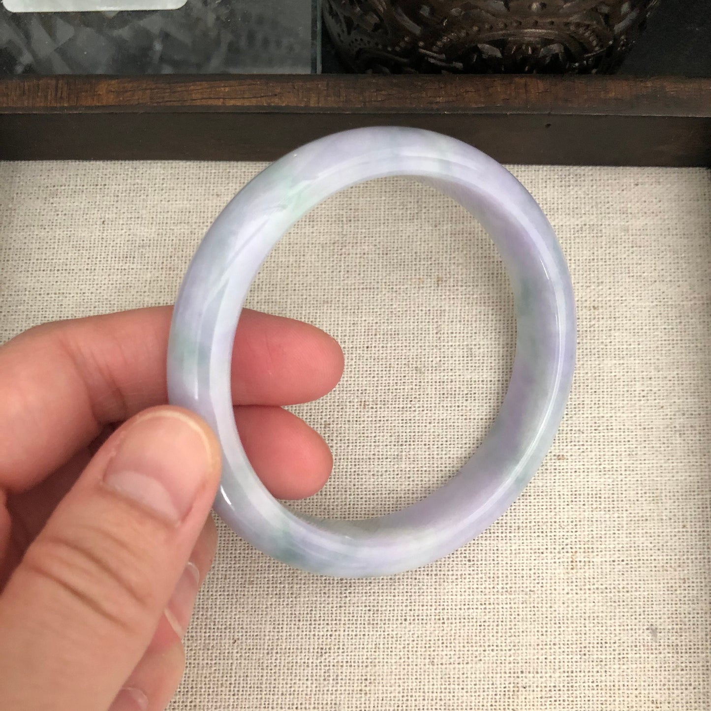 Grade A Myanmar Lavender Green Duo Glutinous D-Shaped Jadeite Jade Bangle 57.5mm