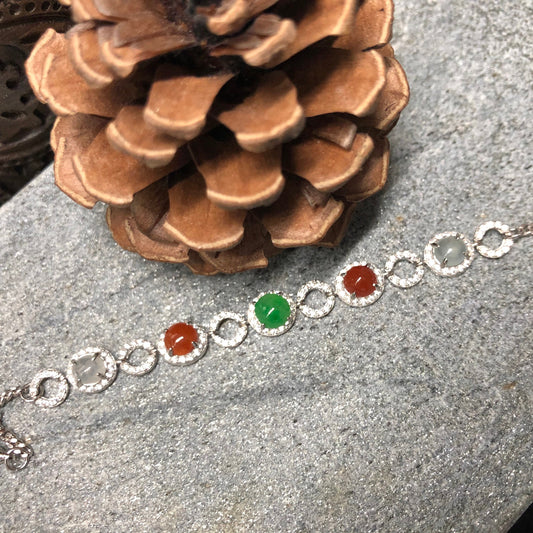 Myanmar Grade A Green Red Icy Jade Jadeite Bracelet Assorted cabochon bracelet set on 925 sterling silver