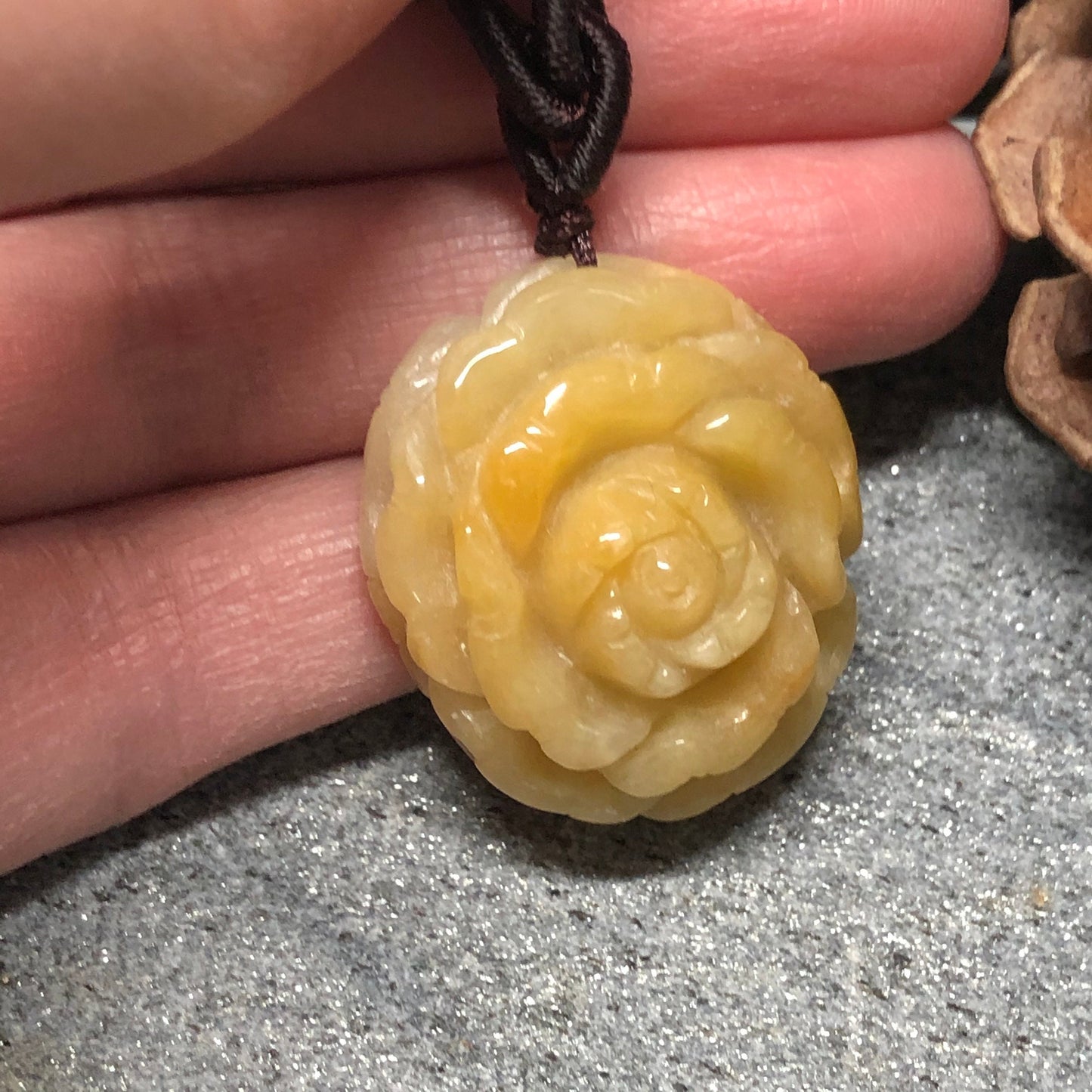 Beautiful Grade A Jadeite Jade Yellow Brown Carved Flower Sculpted Pendant RARE