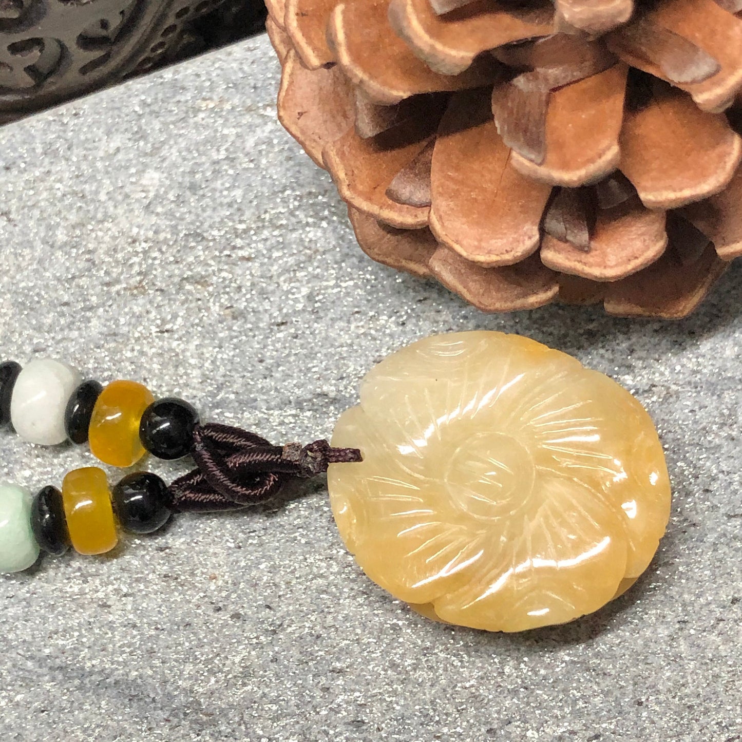 Beautiful Grade A Jadeite Jade Yellow Brown Carved Flower Sculpted Pendant RARE