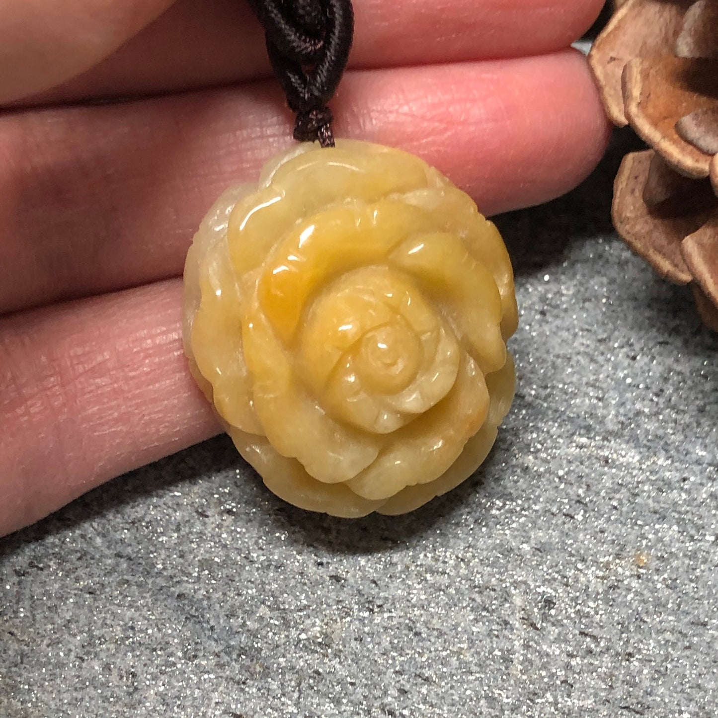 Beautiful Grade A Jadeite Jade Yellow Brown Carved Flower Sculpted Pendant RARE