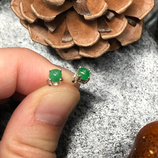 Certified Grade A Green Jadeite Jade mini cabochon earrings set on 925 sterling silver