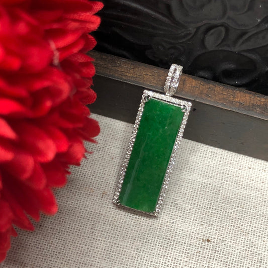 31mm Jadeite Jade Vertical Long Emerald Green Pendant set on 18K White Gold Diamonds