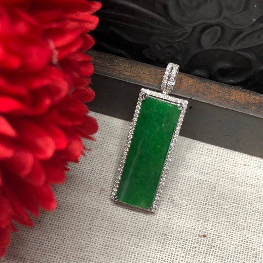 SALE: Certified Grade A Jadeite Jade Vertical Long Emerald Green Pendant set on 18K White Gold
