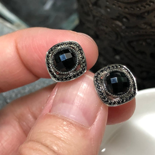 RESERVED: Myanmar Grade A Omphacite Jadeite Jade Mini Diamond Cut Cabochon  Stud Earring 18K Black Gold