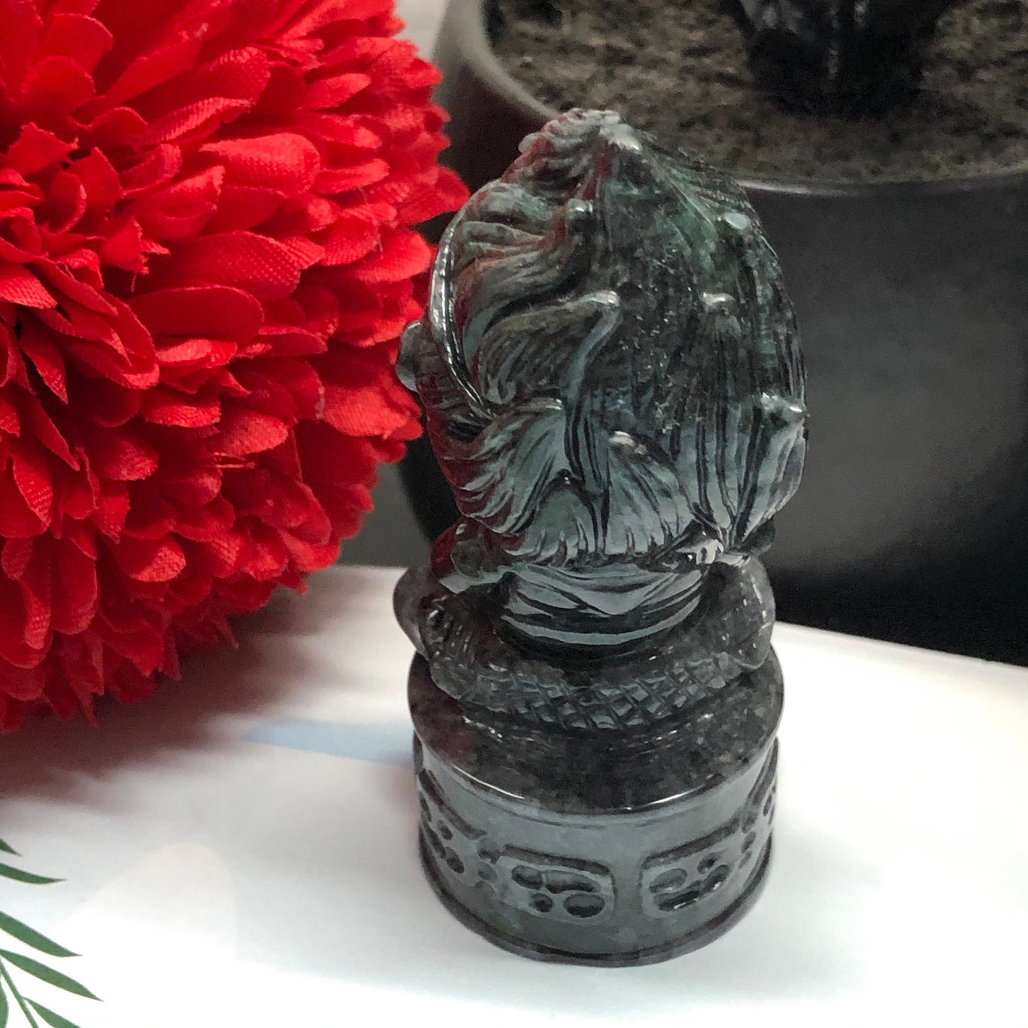 Certified Myanmar Grade A  RARE Carved Wuji Black Grey Praying Monkey King Jadeite Jade Display