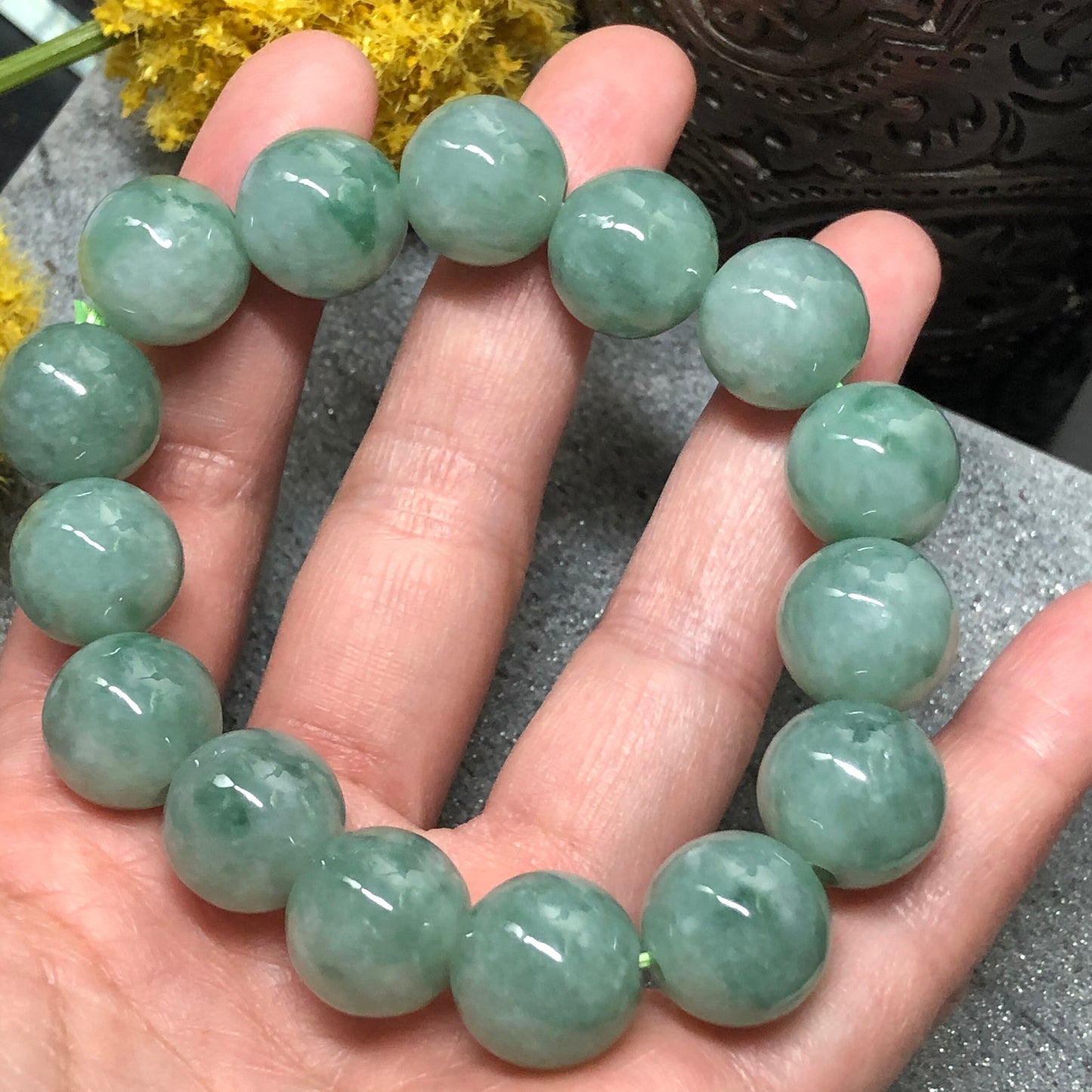 Certified Myanmar Grade A Green Jade Jadeite Bracelet 14mm 15 bead bracelet