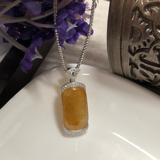 RESERVED SALE: 18K Jadeite Jade Yellow Brown Horse Eye Pendant White Gold  Setting with Diamonds