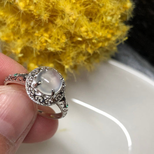 Myanmar Jadeite Jade Icy Victorian Round Cabochon Ring 18K white gold