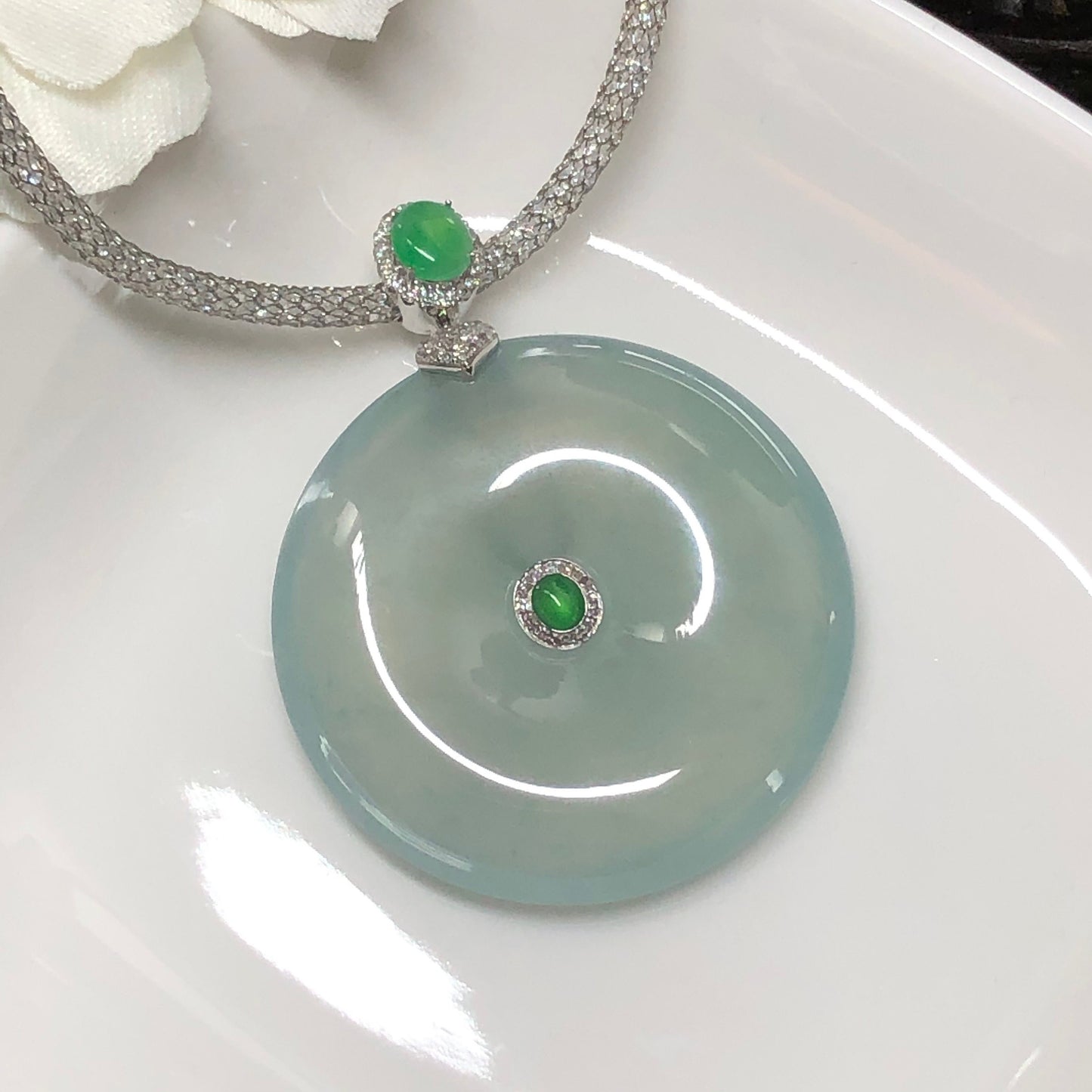 RESERVED: Certified Myanmar Grade A Moist High Icy Green Peace Donut set on 18K White Gold
