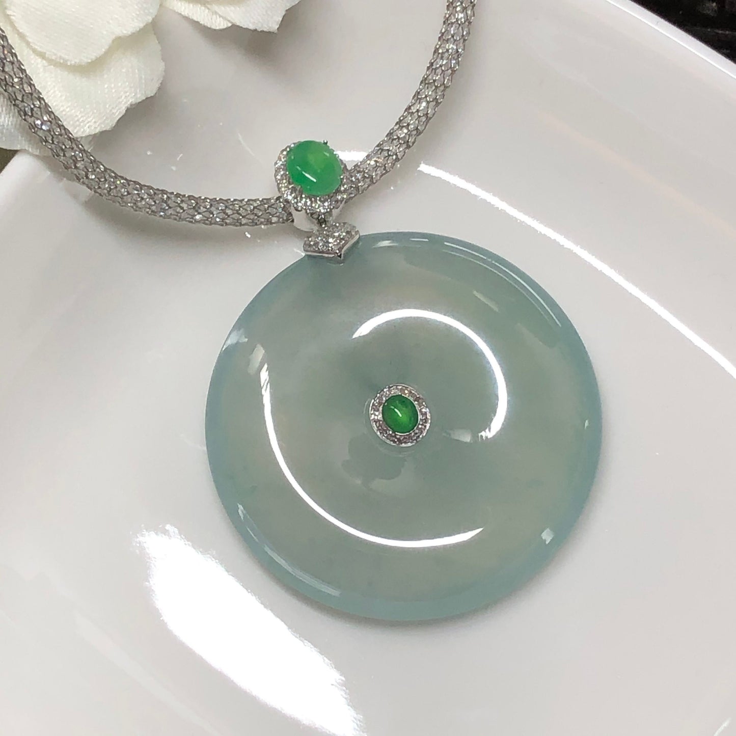 RESERVED: Certified Myanmar Grade A Moist High Icy Green Peace Donut set on 18K White Gold