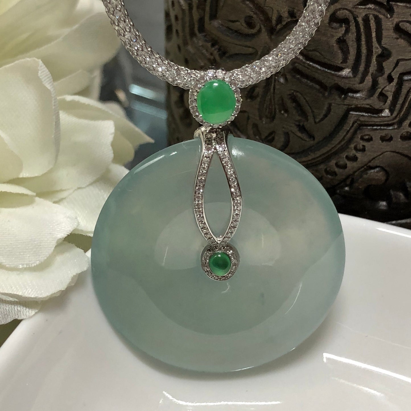 RESERVED: Certified Myanmar Grade A Moist High Icy Green Peace Donut set on 18K White Gold