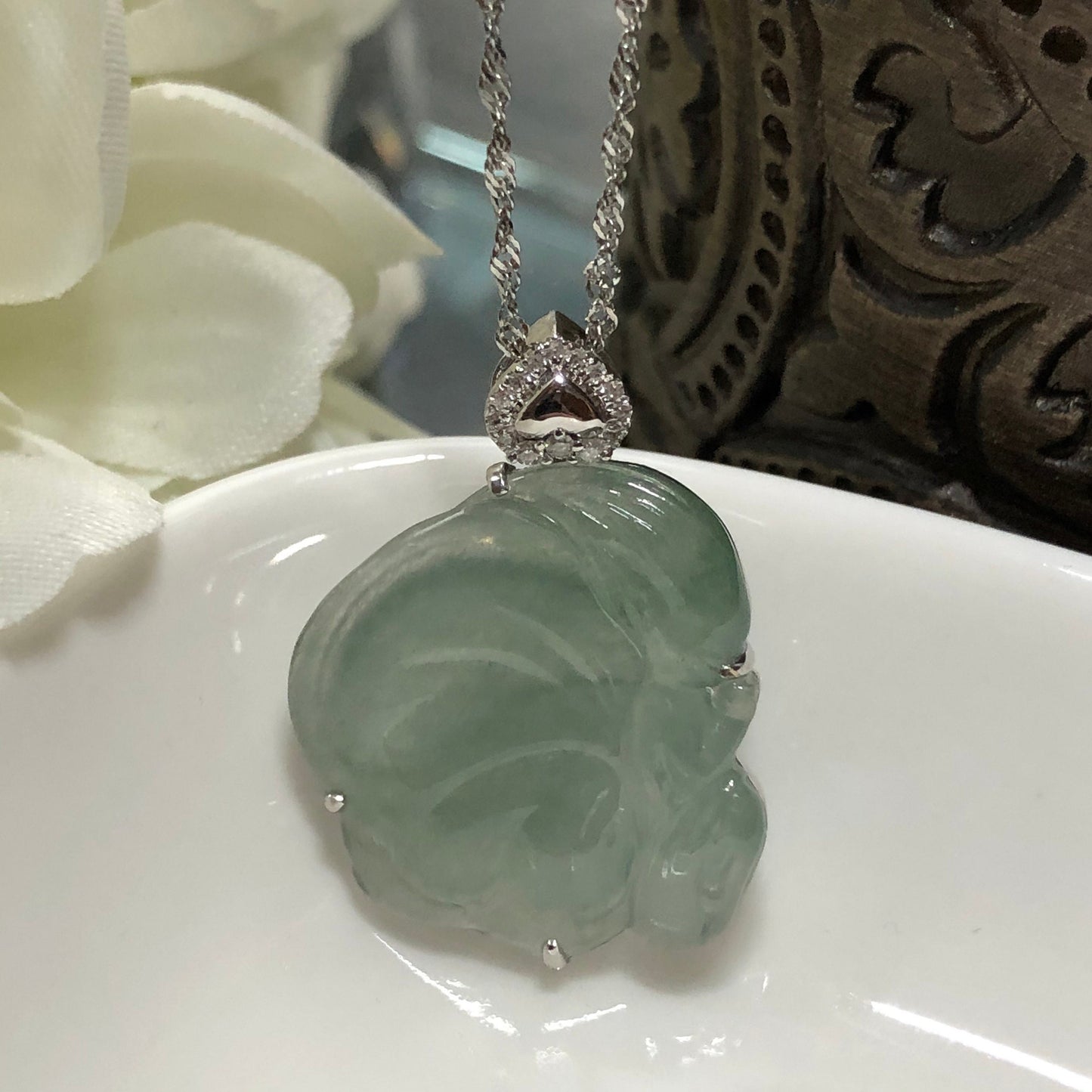 SALE: Grade A Icy Sky Blue Jadeite Jade Fairy Wings Pendant 18K White Gold