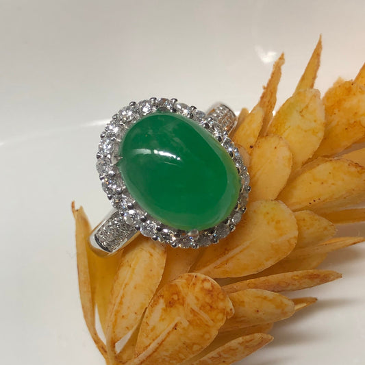 Certified Myanmar Grade A Jadeite Jade Green Janie Oval Cabochon Ring 18K White Gold 11.9mm
