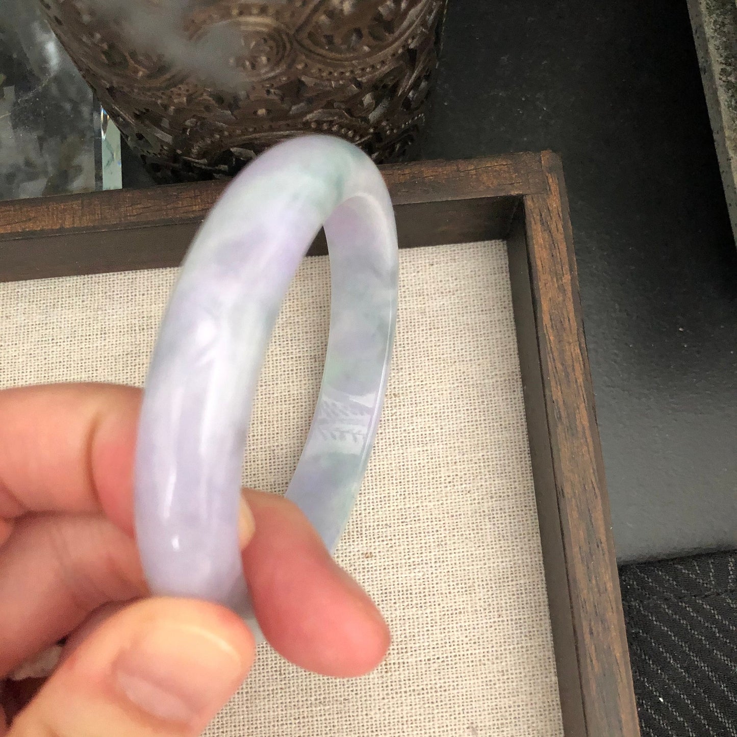 Grade A Myanmar Lavender Green Duo Glutinous D-Shaped Jadeite Jade Bangle 57.5mm