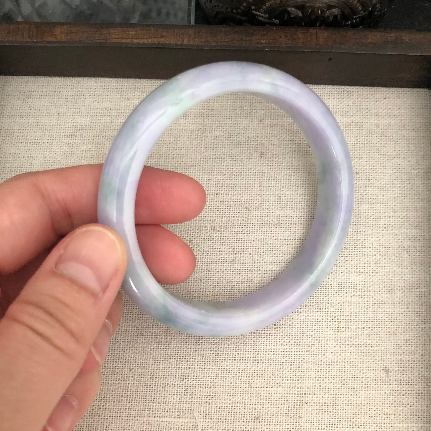 Grade A Myanmar Lavender Green Duo Glutinous D-Shaped Jadeite Jade Bangle 57.5mm