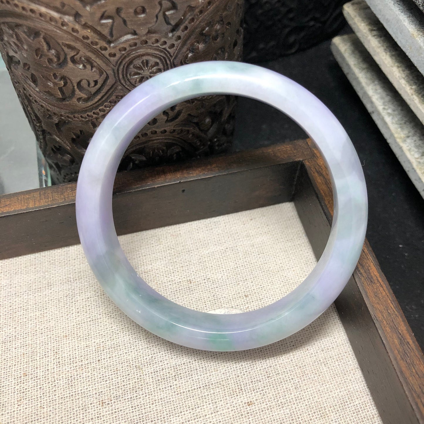 Grade A Myanmar Lavender Green Duo Glutinous D-Shaped Jadeite Jade Bangle 57.5mm
