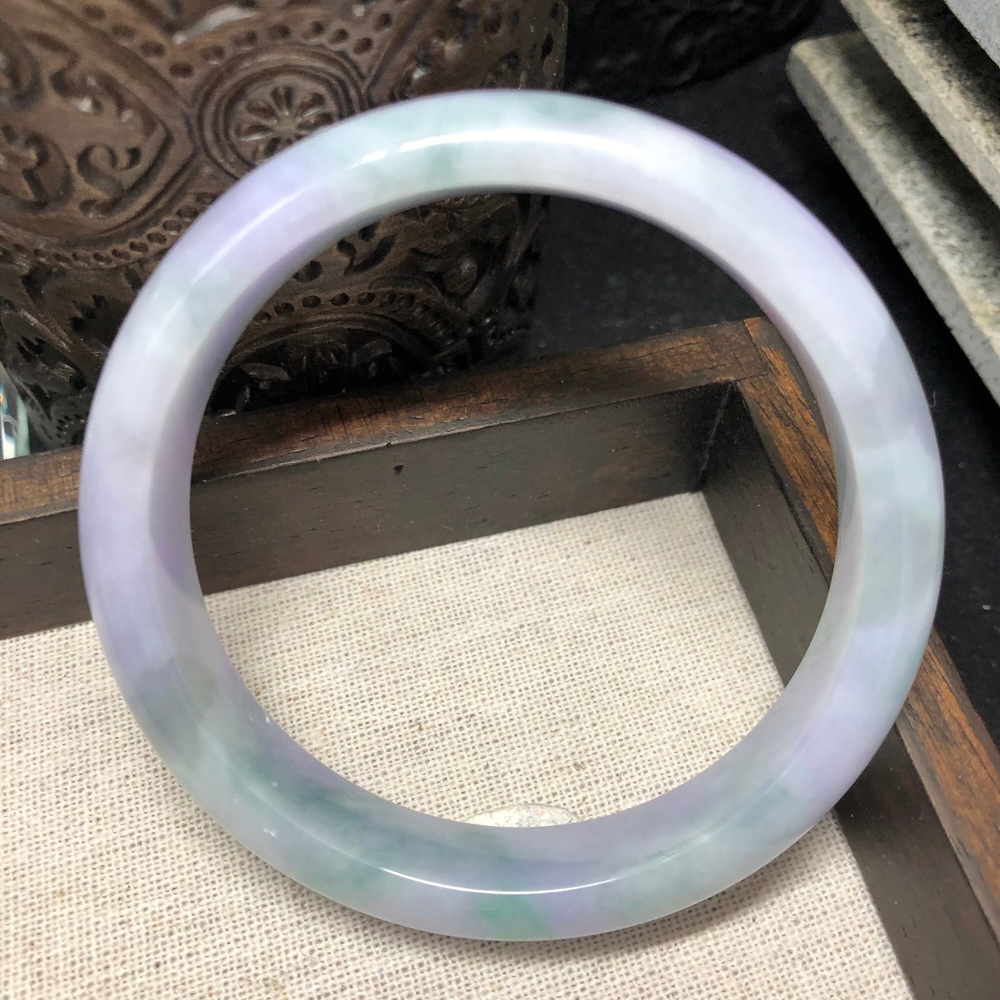 Grade A Myanmar Lavender Green Duo Glutinous D-Shaped Jadeite Jade Bangle 57.5mm