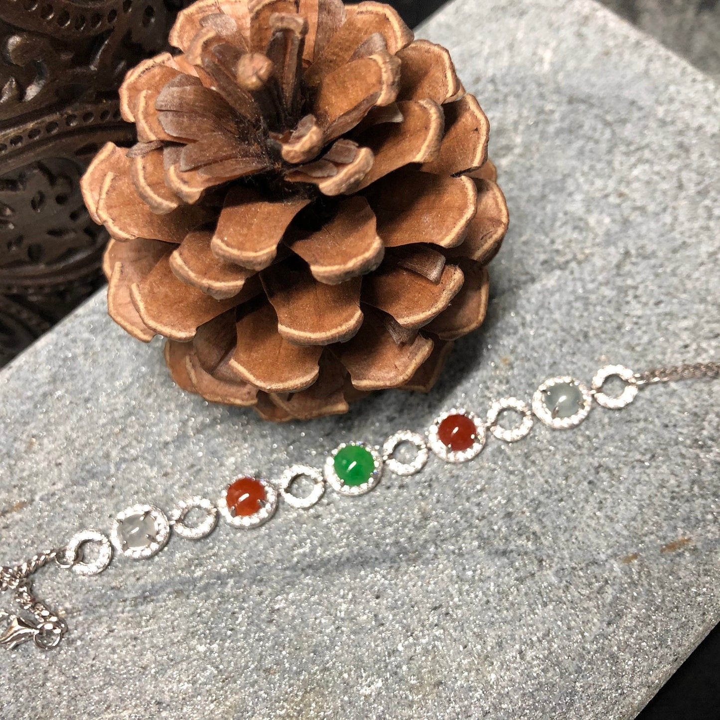 Myanmar Grade A Green Red Icy Jade Jadeite Bracelet Assorted cabochon bracelet set on 925 sterling silver