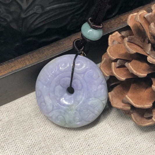 Certified Myanmar Grade A  RARE Carved Lavender Green Jadeite Jade Peace Donut Pendant