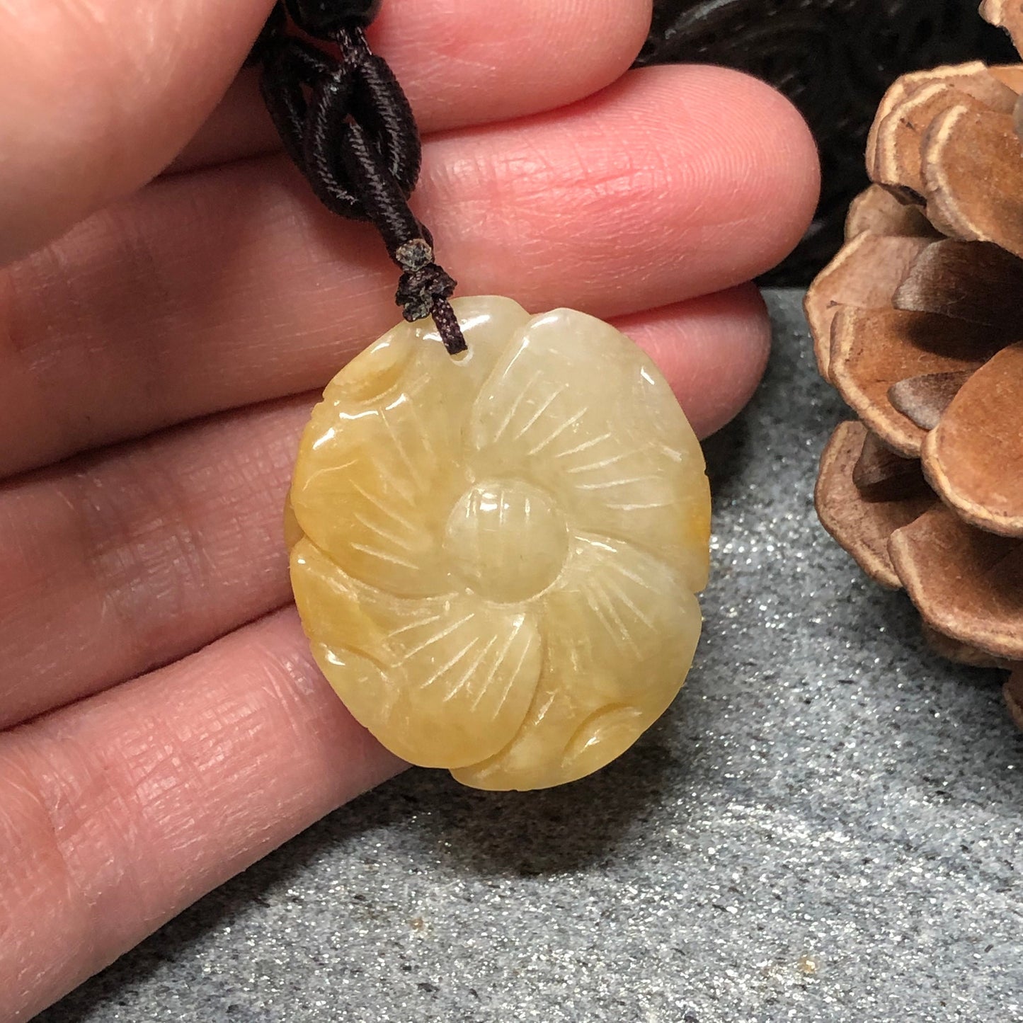 Beautiful Grade A Jadeite Jade Yellow Brown Carved Flower Sculpted Pendant RARE