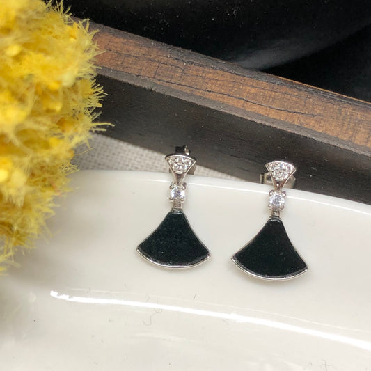 Certified Myanmar Grade A Black Jadeite Jade Fan Stud Earring 925 Sterling Silver Diamonds